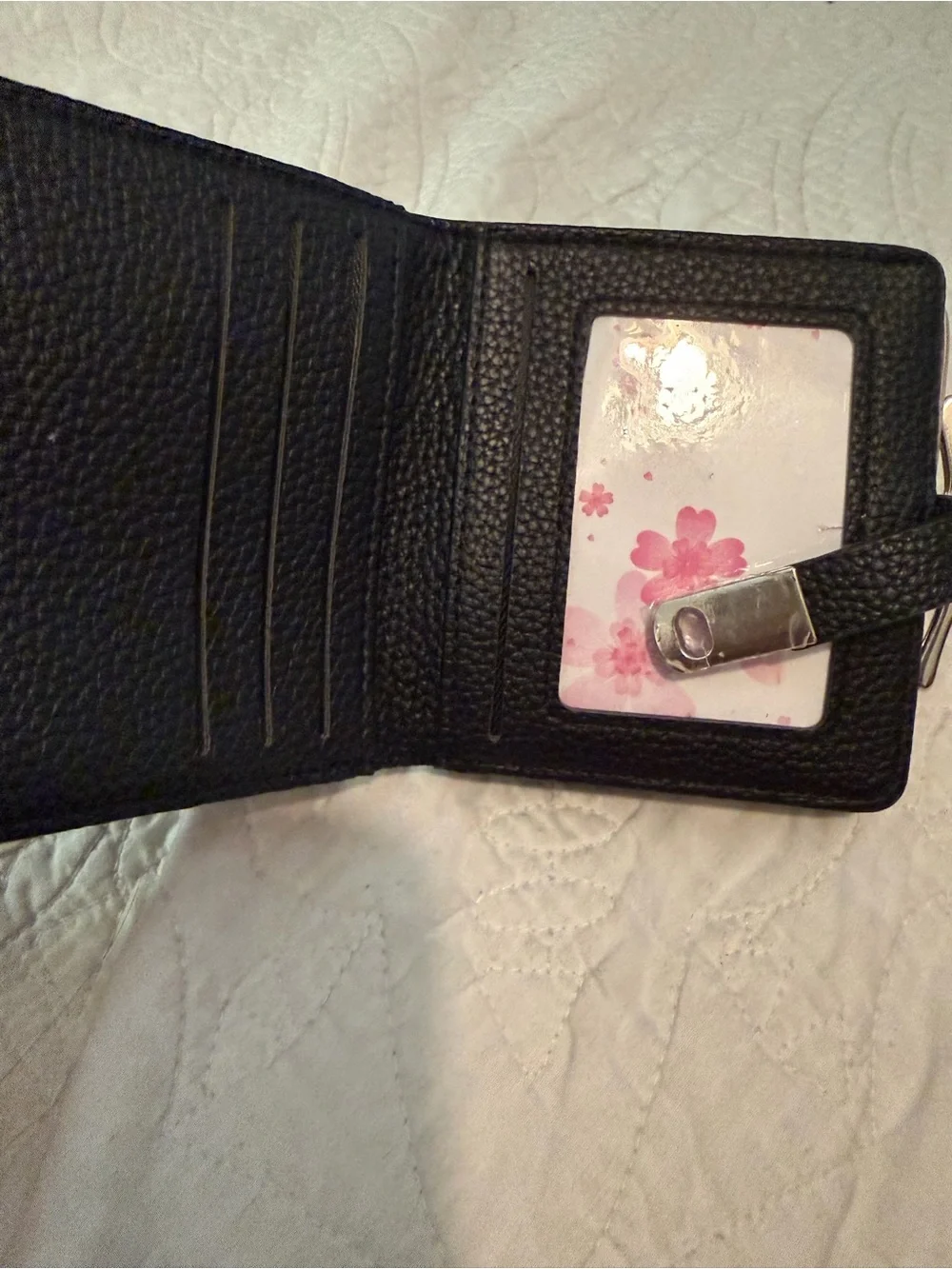 Compact Black Pebbled Leather Wallet with Silver Hardware